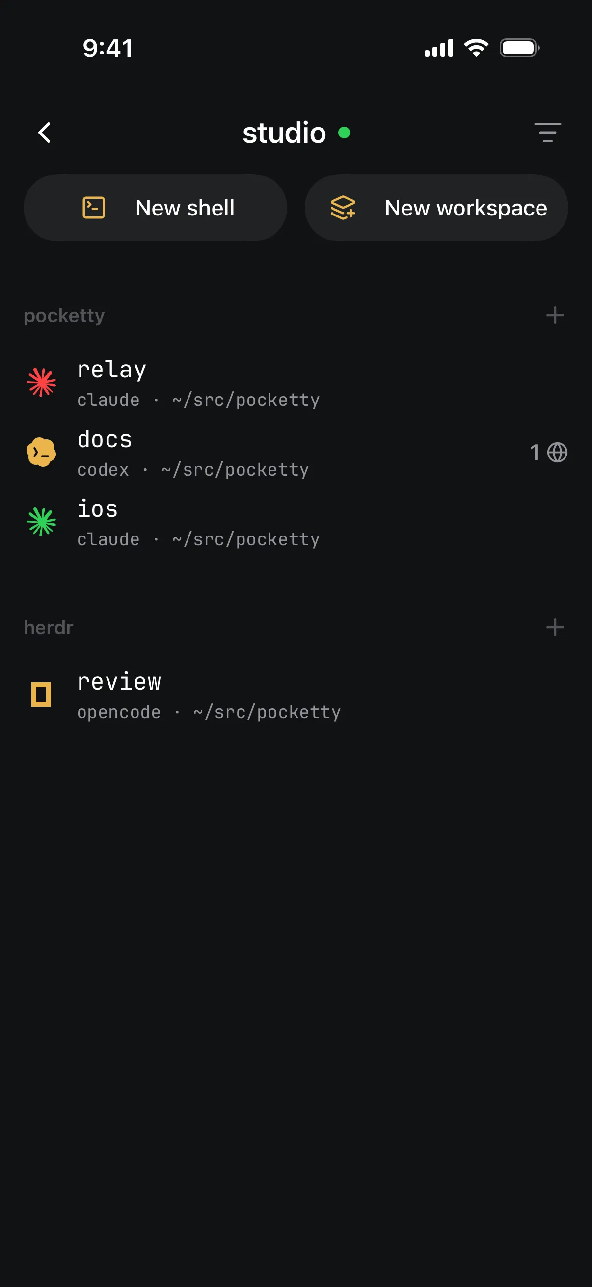 herdr workspaces and tabs,
with each agent's live state.